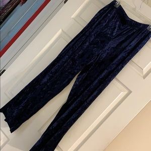 Plus size WIDE LEG RUCH BLUE VELVET LIKE PANTS